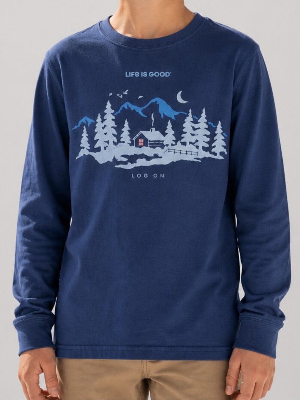 LIFE IS GOOD Kids' Size Large Blue 'Log On' Crusher Tee Long Sleeve Cotton Shirt
